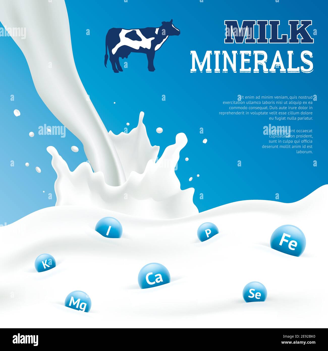 Milk minerals realistic poster with cow on blue background vector illustration Stock Vector