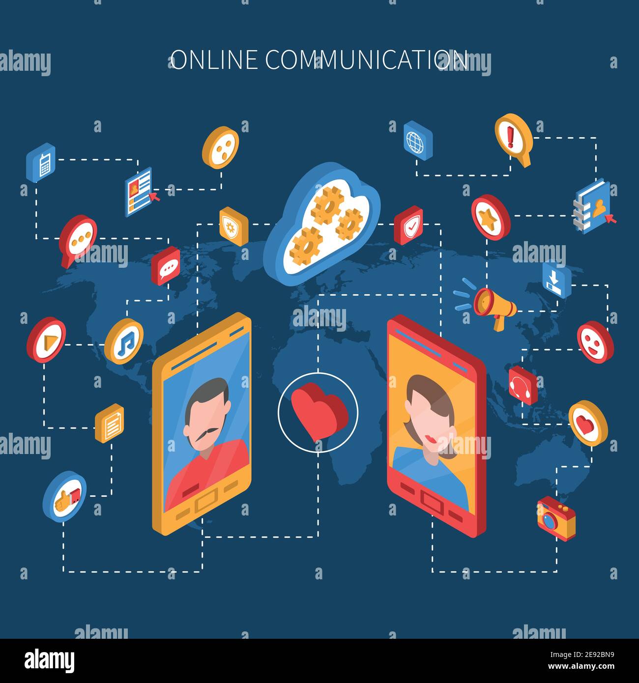 Social isometric icon set with mobile devices and conceptual emblems of ...