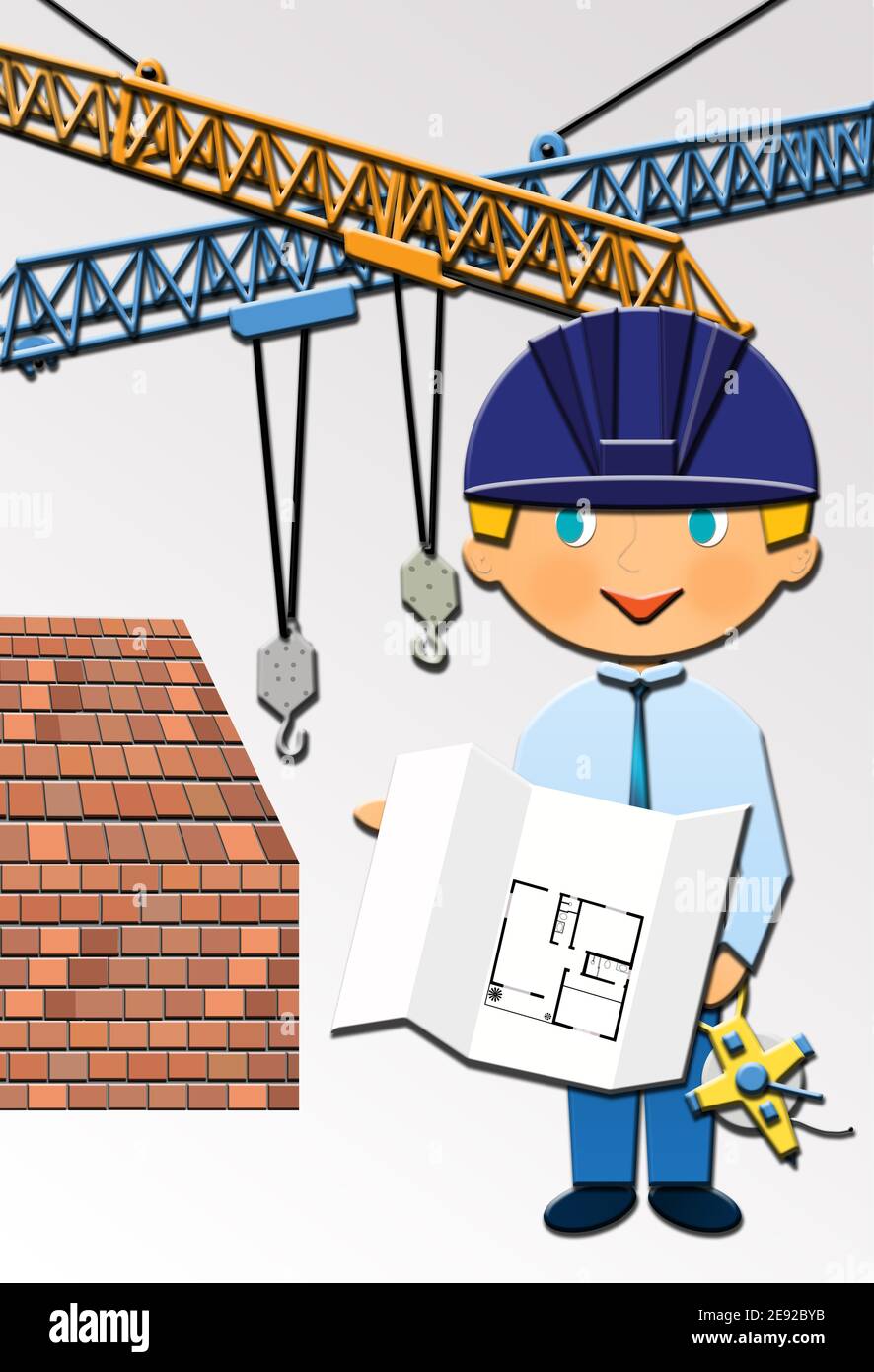 Cartoon of a cute Happy Engineer with a protective helmet, in a construction site.  This illustration is part of a collection of different professions. Stock Photo