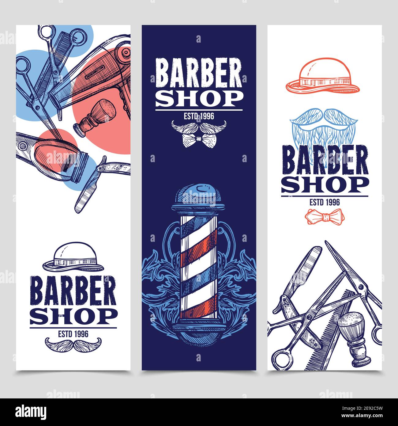 Barber shop 3 vertical flat banners set with beard mustache emblem and tools red blue abstract vector illustration Stock Vector