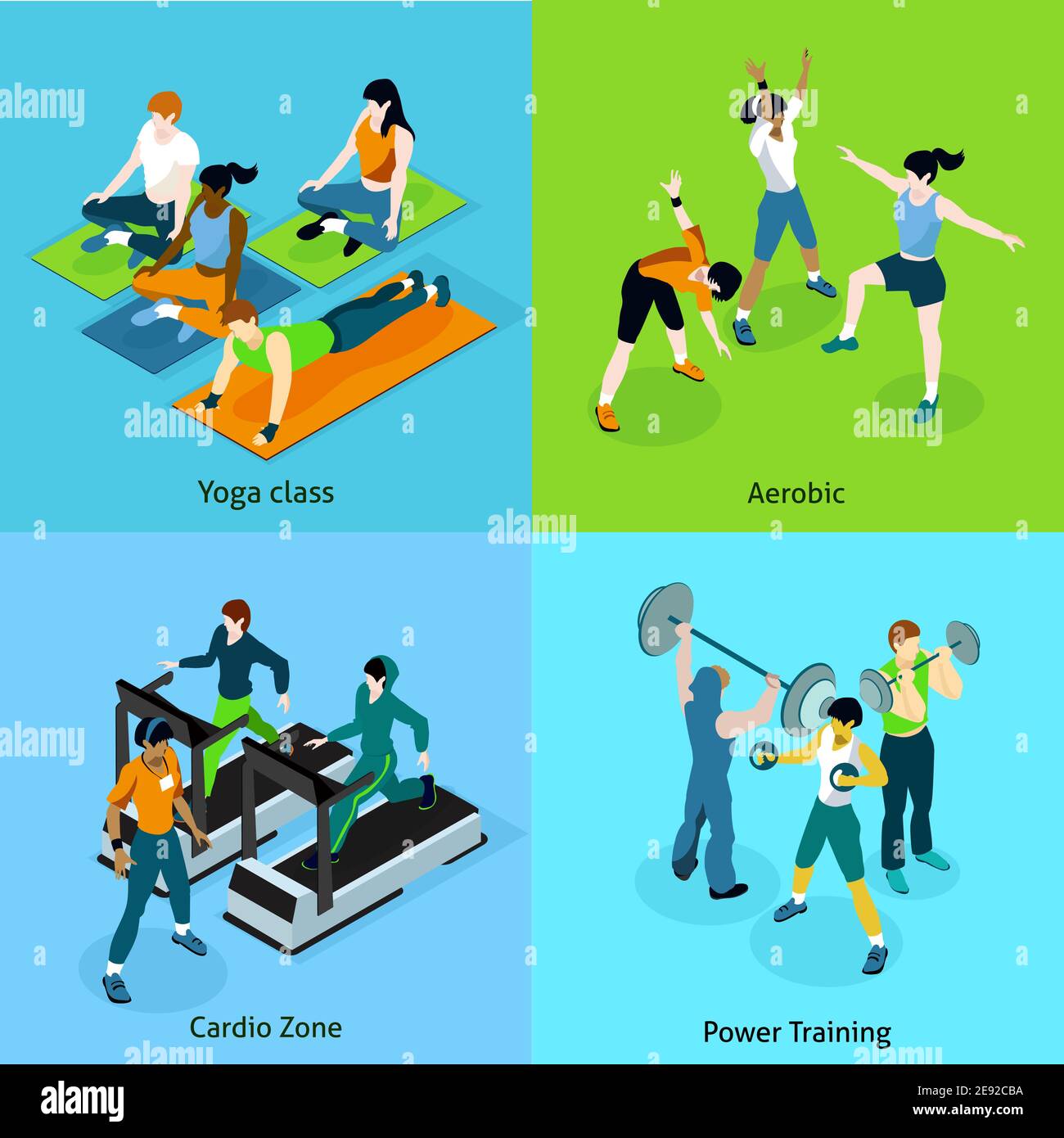 Fitness aerobic isometric icons set with description women on yoga