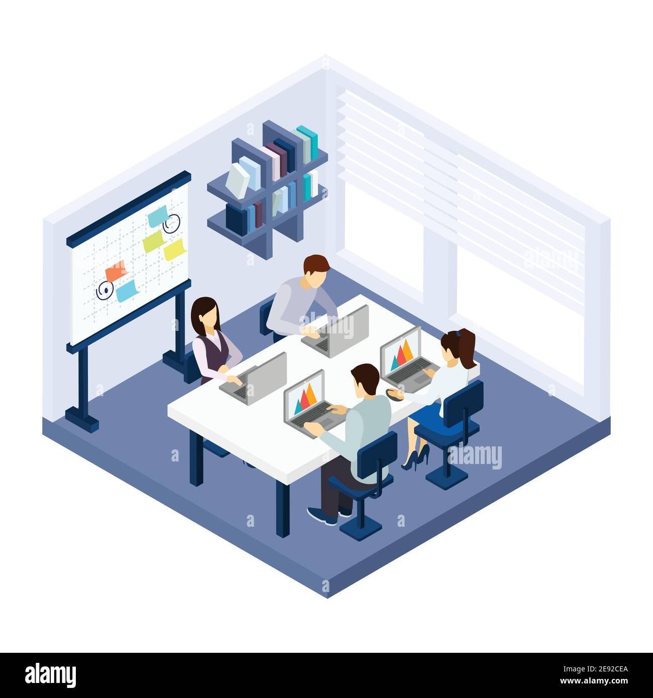 Coworking people in a room with laptop table and chairs isometric