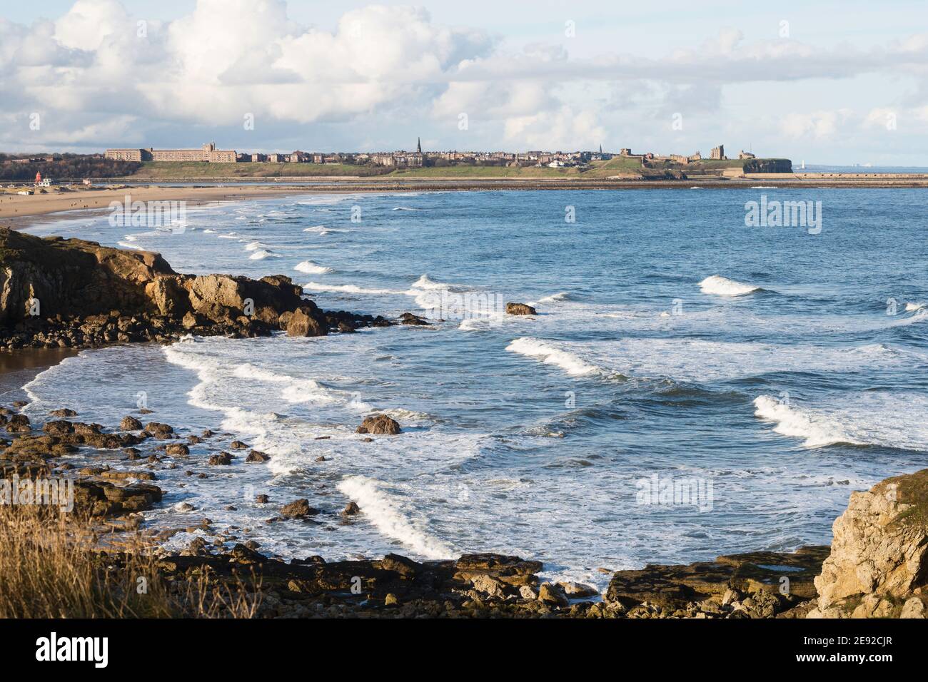 Coastal view towards Tynemouth from The Leas, South Shields, north east England, UK Stock Photo