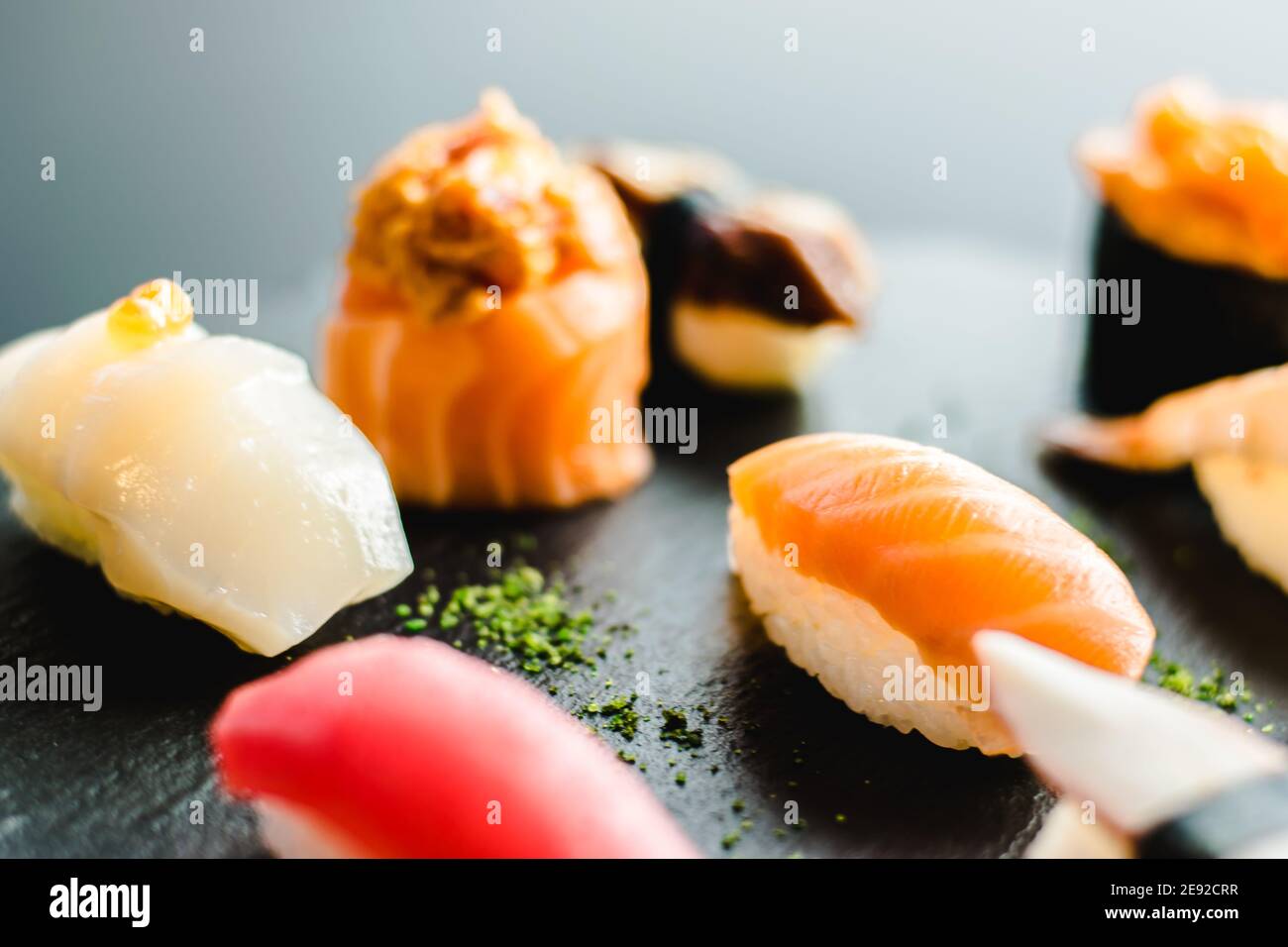 Maki And Nigiri Sushi Variety With Salmon Shrimp Avocado And Tuna At maki-and-nigiri-sushi-variety-with-salmon-shrimp-avocado-and-tuna-at