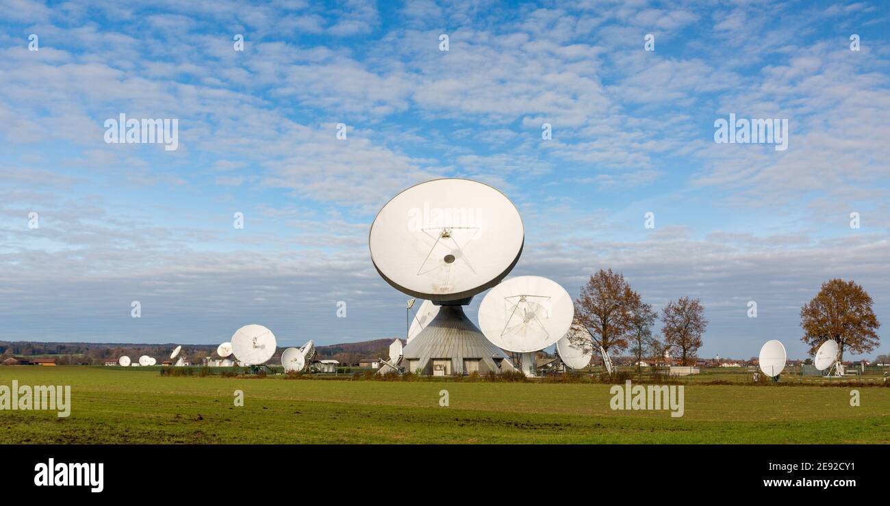 Raisting, Germany Nov 13, 2020 Panorama with a satellite dish in the