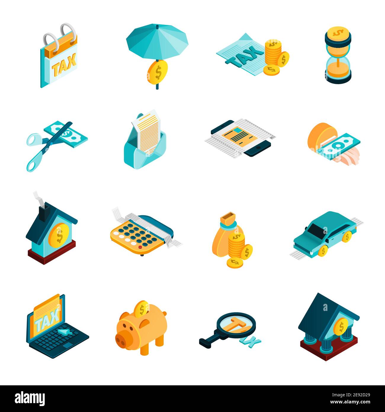 Tax isometric icons set with bank and money symbols isolated vector ...