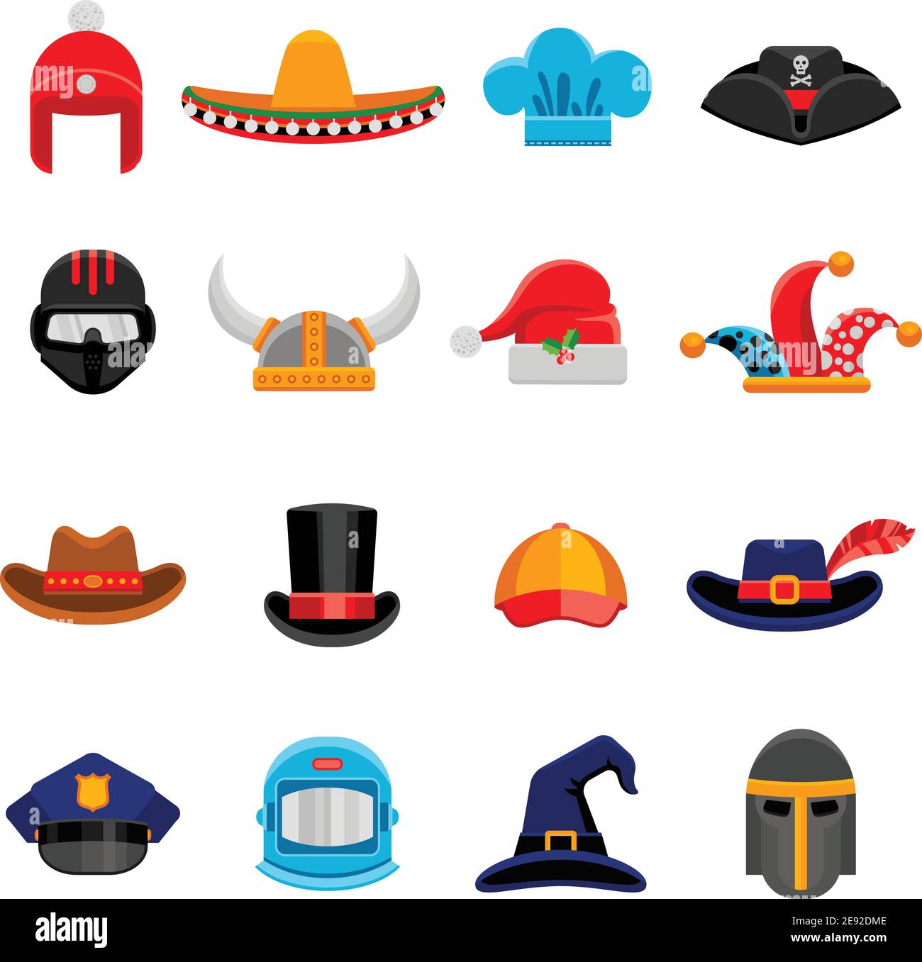 Funny party costume historical and professional headwear flat icons set with cosmonaut spacesuit abstract isolated vector illustration Stock Vector