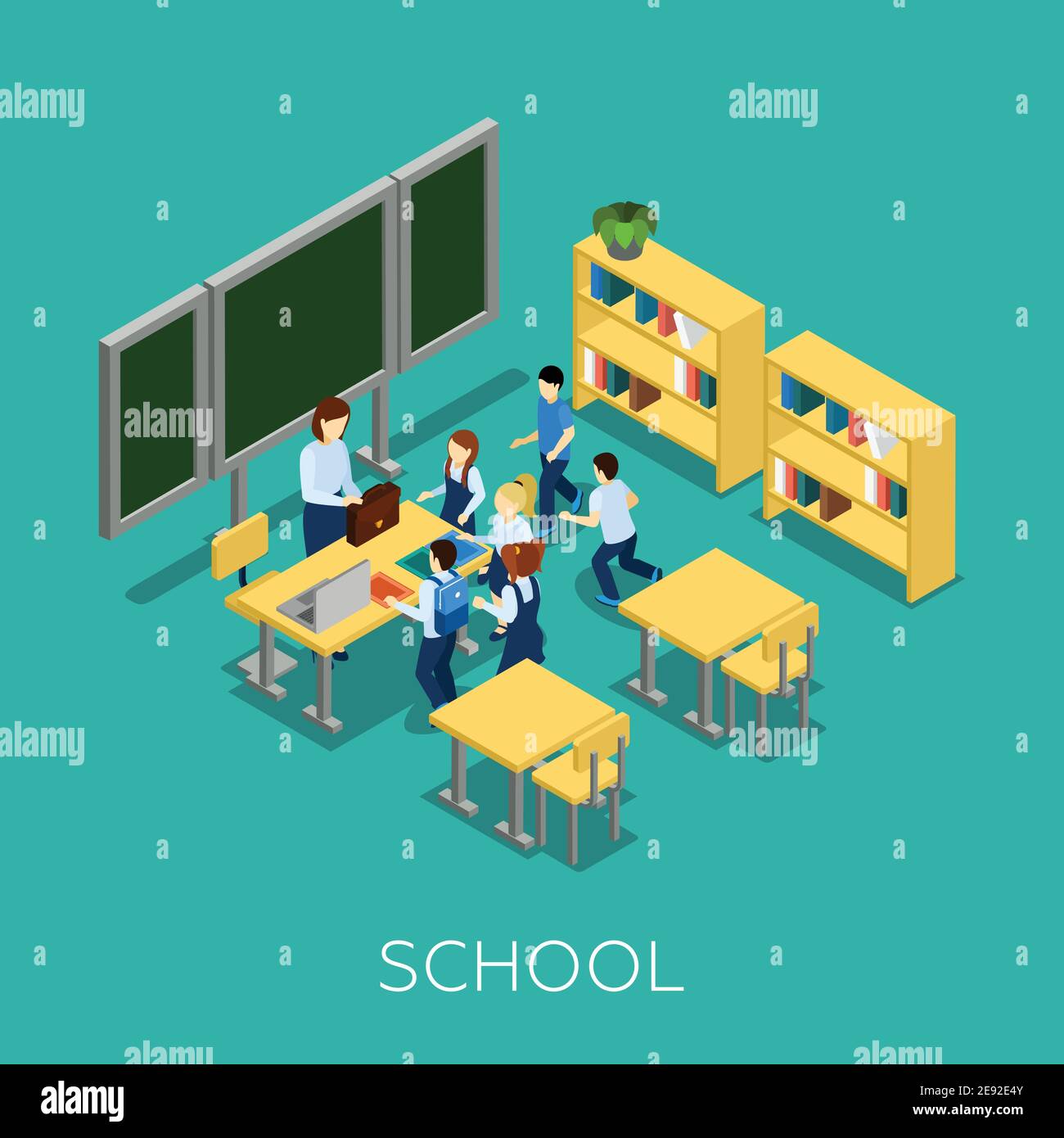 School and learning isometric concept with teacher and children on blue ...