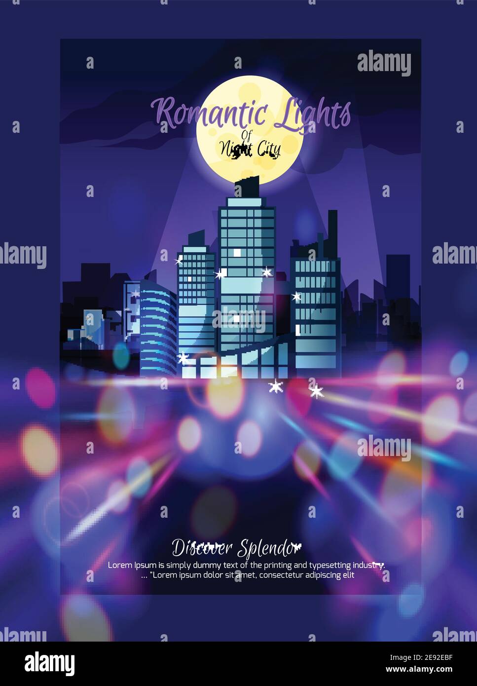 City nightscape purple poster in frame with skyscrapers illuminated by moon building silhouettes and colorful lights flat vector illustration Stock Vector