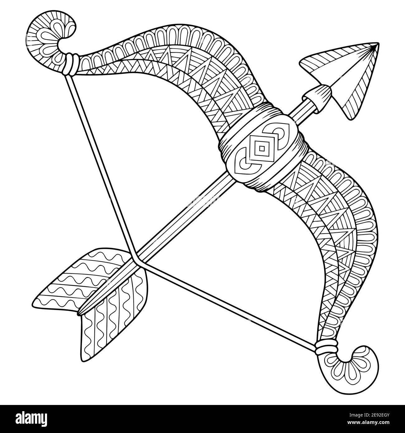 Vector coloring book for adult. Silhouette of arrows and bow isolated on white background. Zodiac sign Sagittarius. Arrow Stock Vector