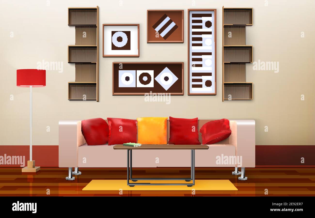 Living room interior design with sofa pillows and lamp isometric vector ...