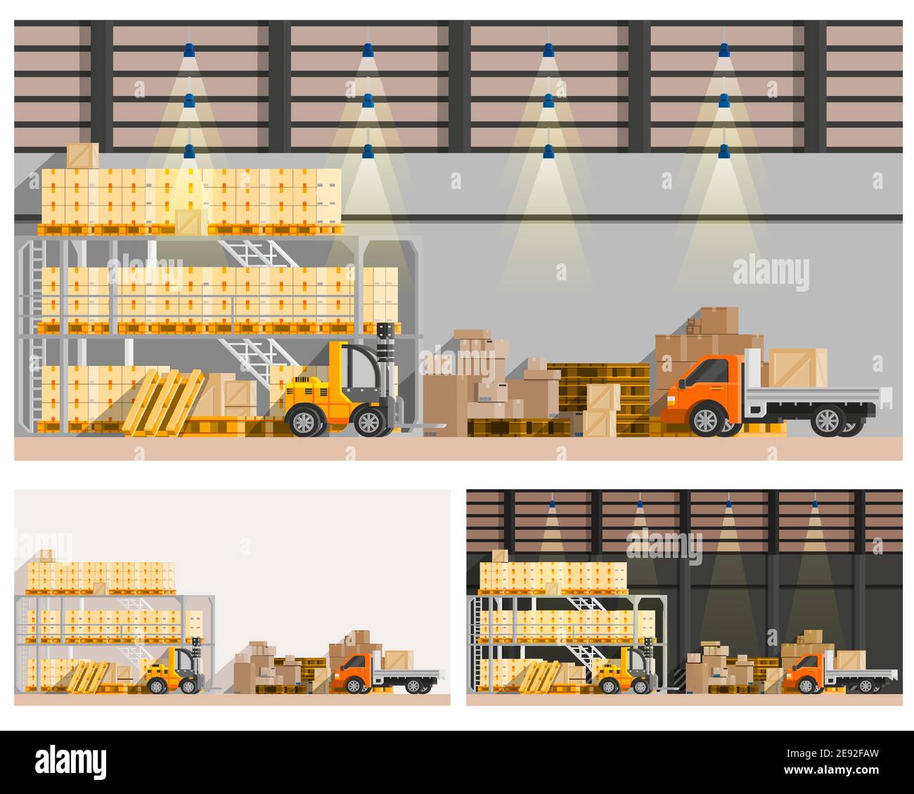 Warehouse orthogonal compositions set with van and loader flat isolated vector illustration Stock Vector