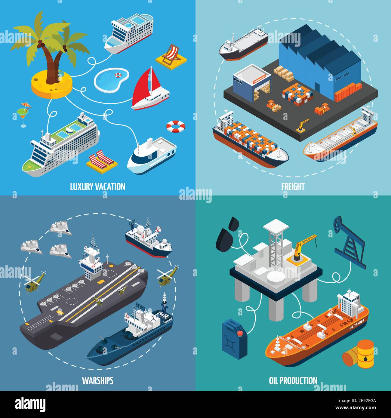Oil tanker and luxury vacation passenger liner vessels 4 isometric icons square composition poster abstract isolated vector illustration Stock Vector
