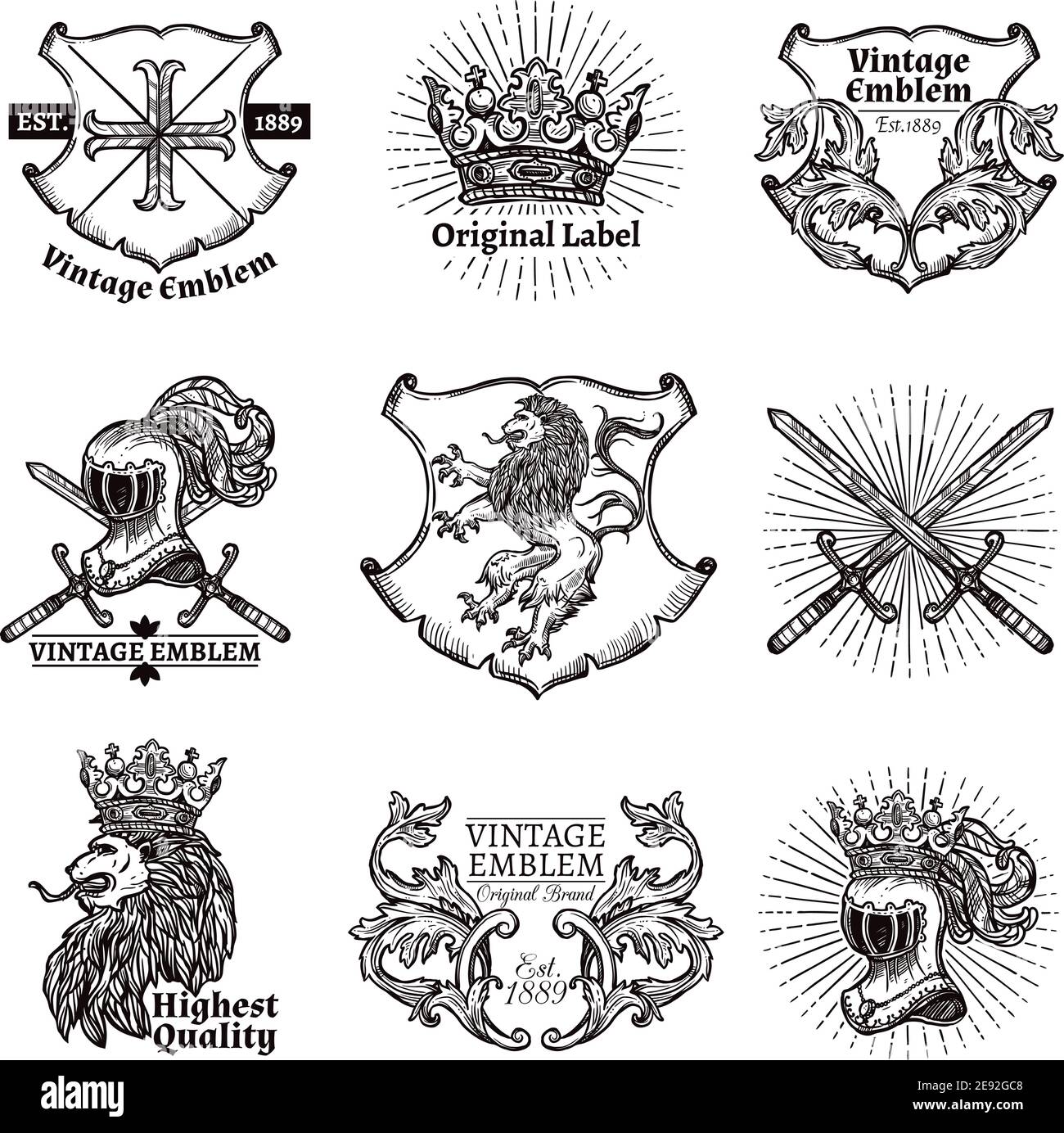 Heraldic Grayscale Isolated Emblems Set With Crowns Shields Lions And