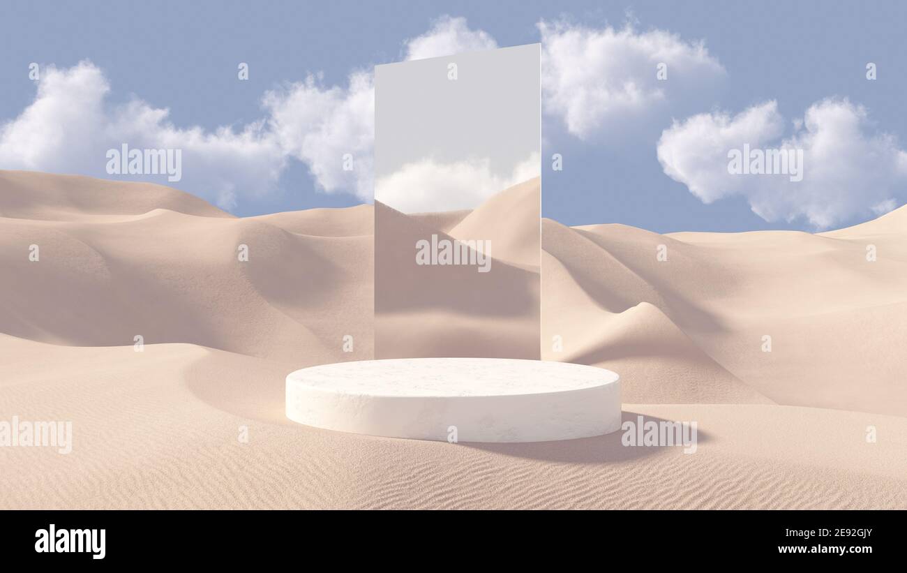 3D stone pedestal premium podium with mirror behind. Sand dunes background. Minimal abstract cosmetic background for product presentation. Blank showcase mockup with empty round stage. 3D rendering. Stock Photo