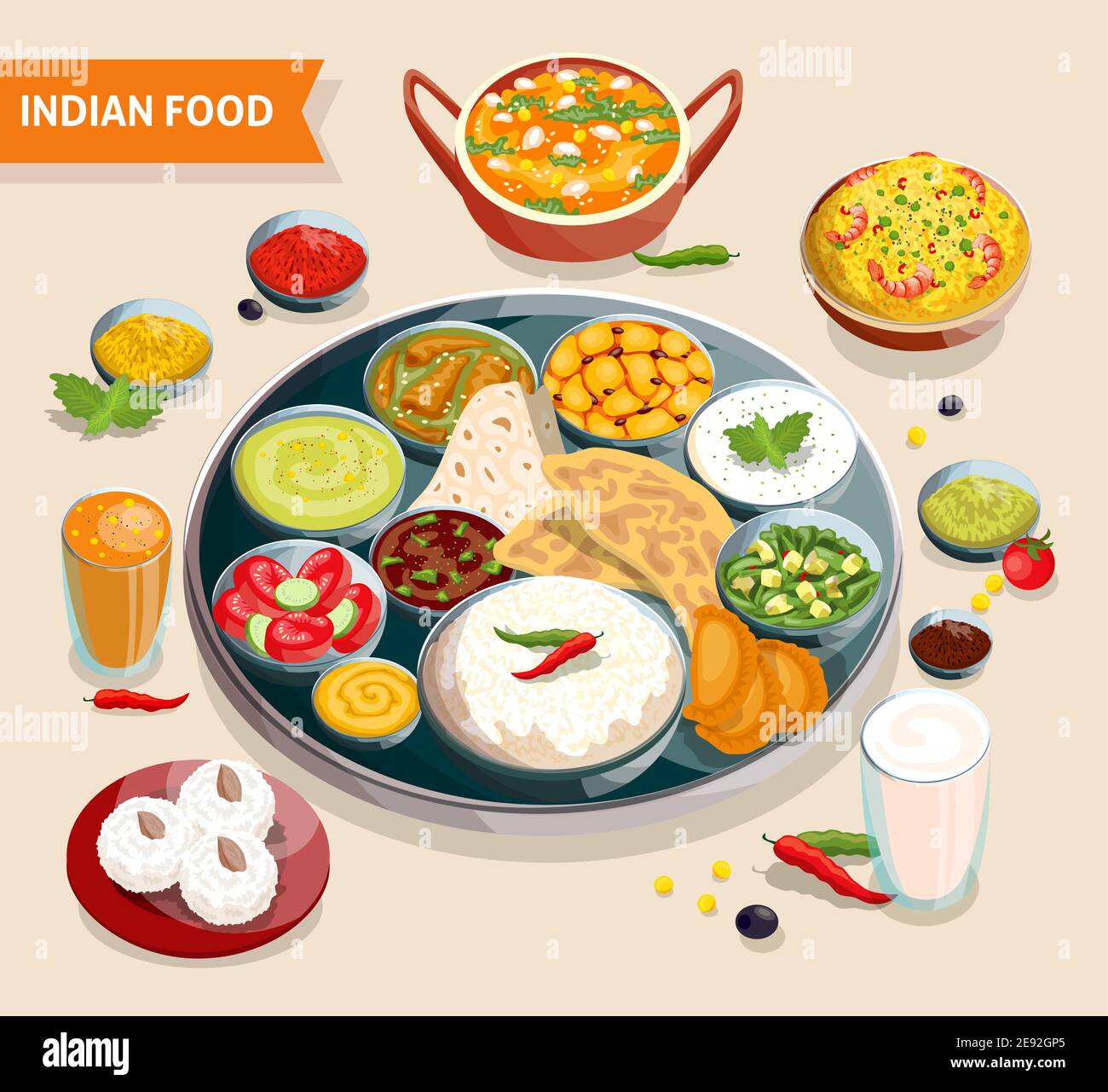 Indian food composition of dishes with seafood beans verdure and sauces also beverages and sweets vector illustration Stock Vector