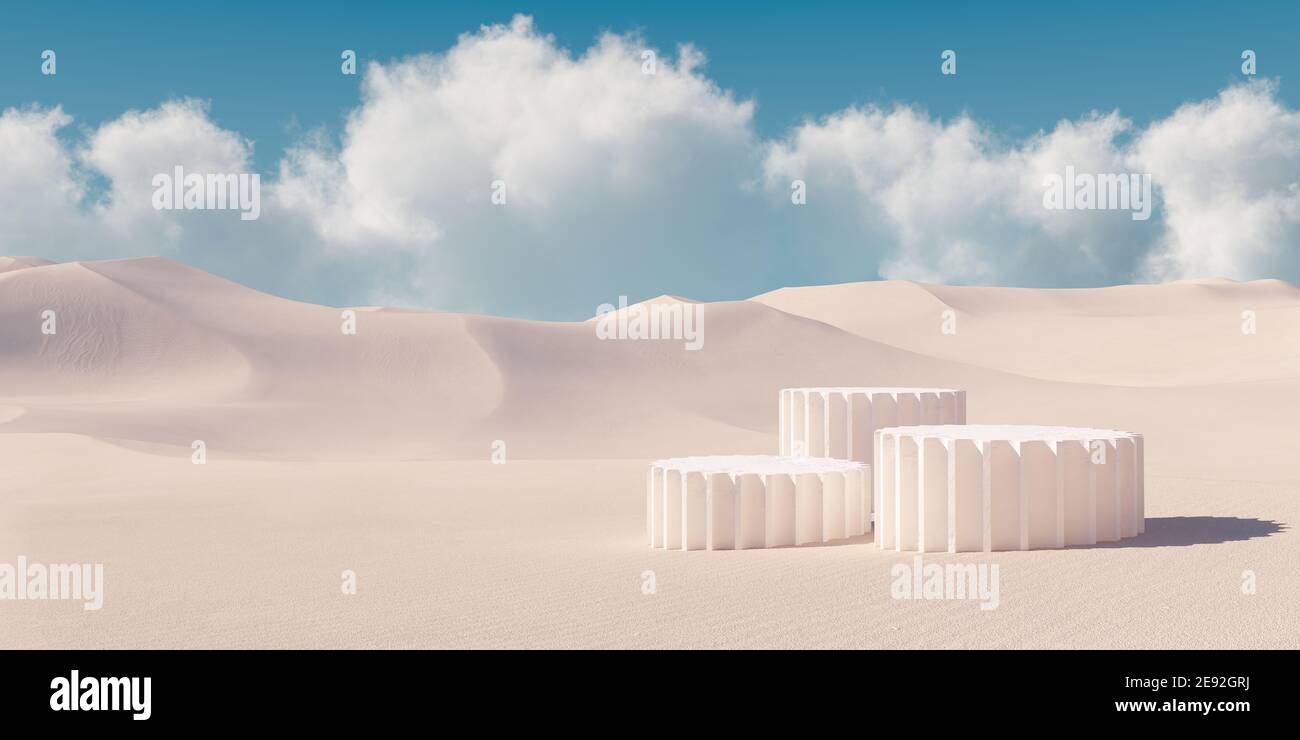 Premium minimal product podium with architecture columns on sand dunes. 3d rendering cosmetic podium background. Stock Photo