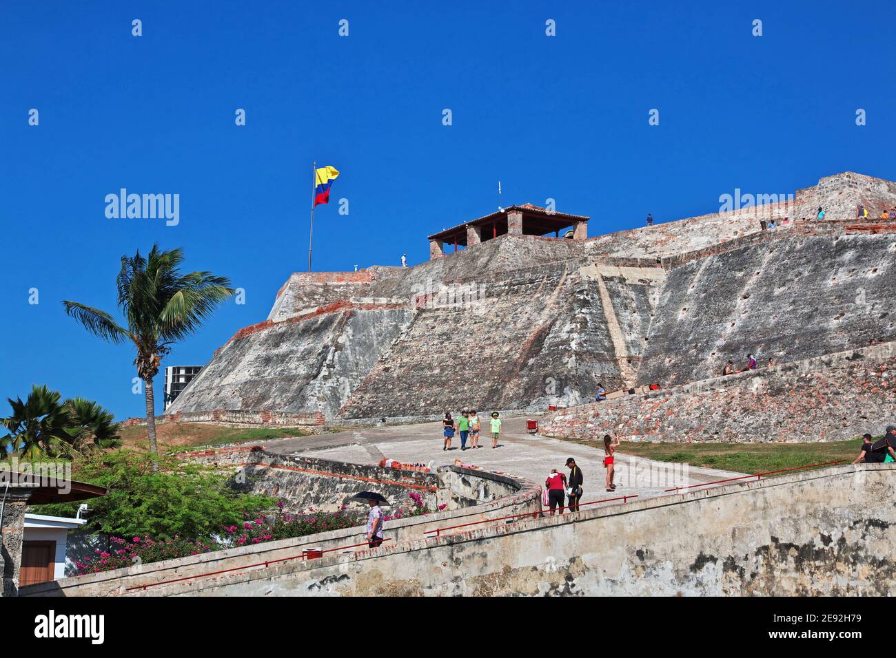 The flag in the vintage fortress Castillo de San Felipe in Cartagena ...