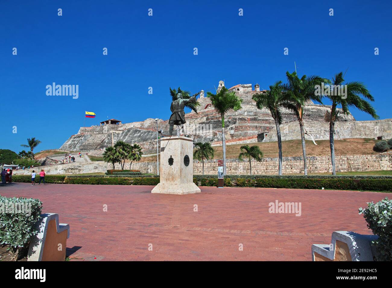 The statue in the vintage fortress Castillo de San Felipe in Cartagena