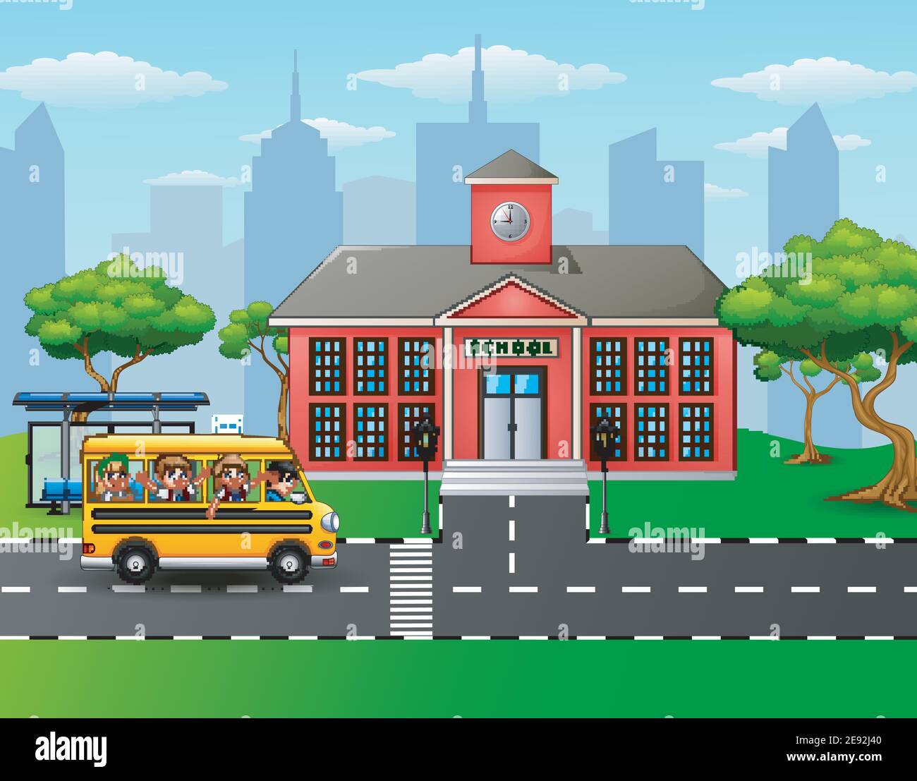 Vector illustration of Children going to school with school bus Stock ...