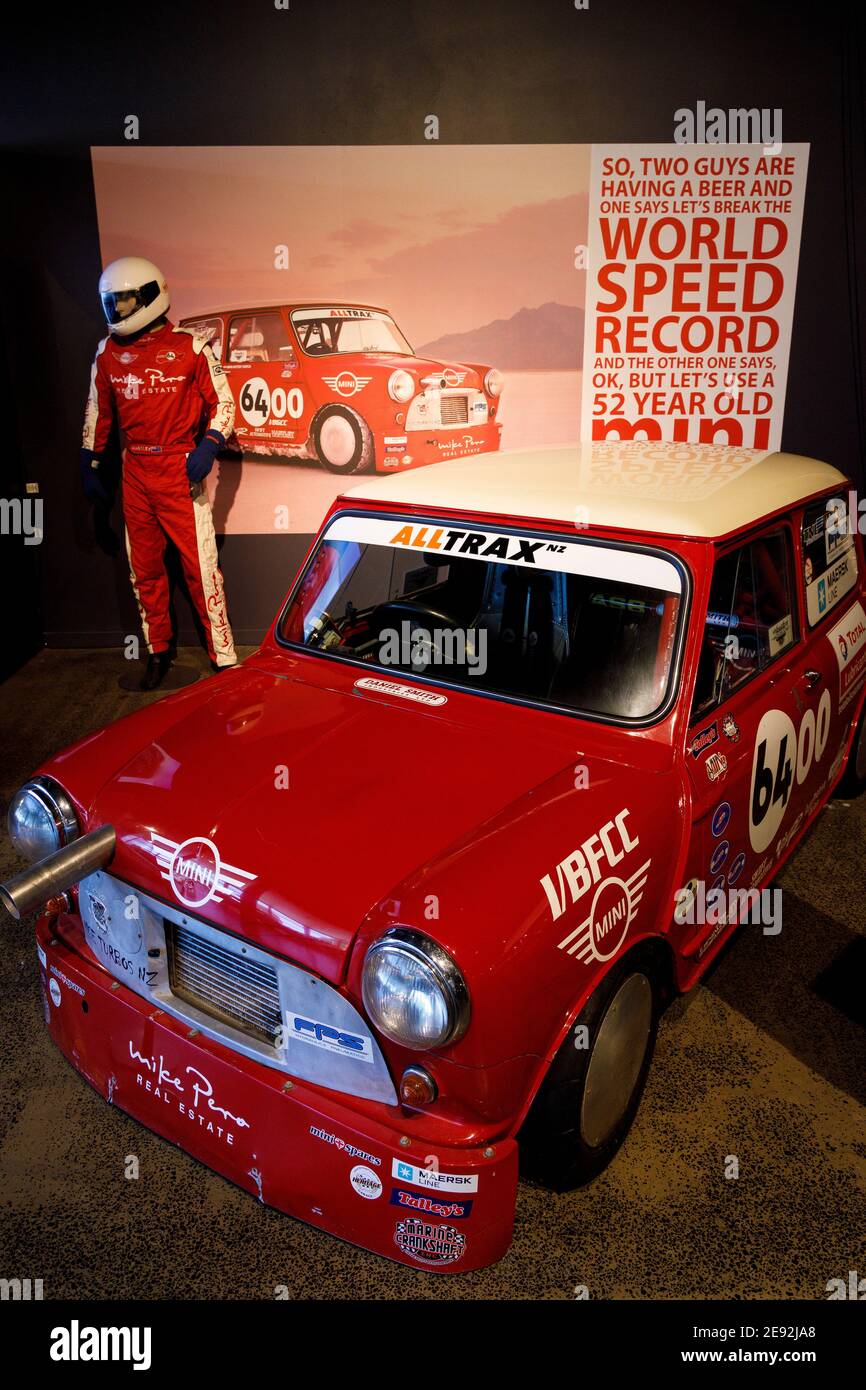 The World Record breaking 1964 Mk1 Mini Cooper 970S Project '64 car on display at the Nelson Classic Car Museum, South Island, New Zealand. Stock Photo