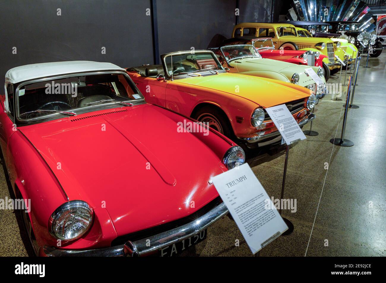 Triumph display at the Nelson Classic Car Museum, South Island, New Zealand. Stock Photo