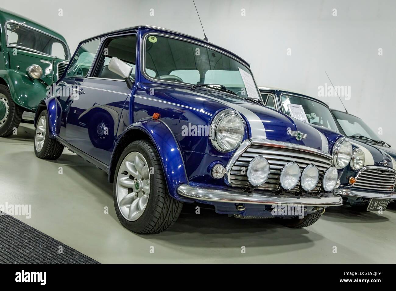 Rover Mini's were built between 1996 and 2000 and were the last of the original shape.  Nelson Classic Car Museum, South Island, New Zealand. Stock Photo