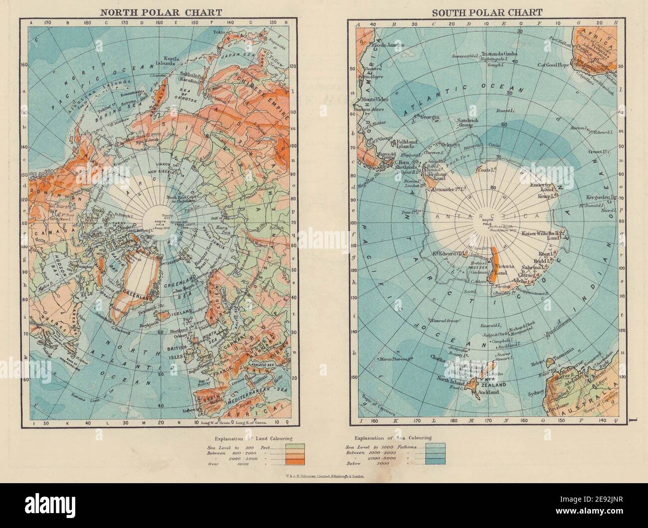 NORTH & SOUTH POLAR CHARTS Explorers' routes Nansen Shackleton JOHNSTON 1910 map Stock Photo