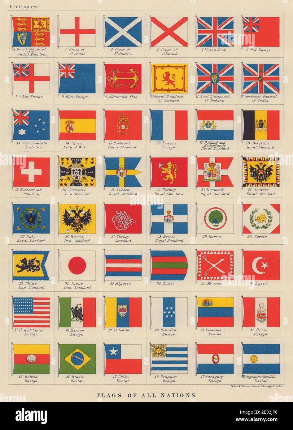 NATIONAL FLAGS. Ensigns, Royal & Imperial Standards. JOHNSTON 1910 old map Stock Photo