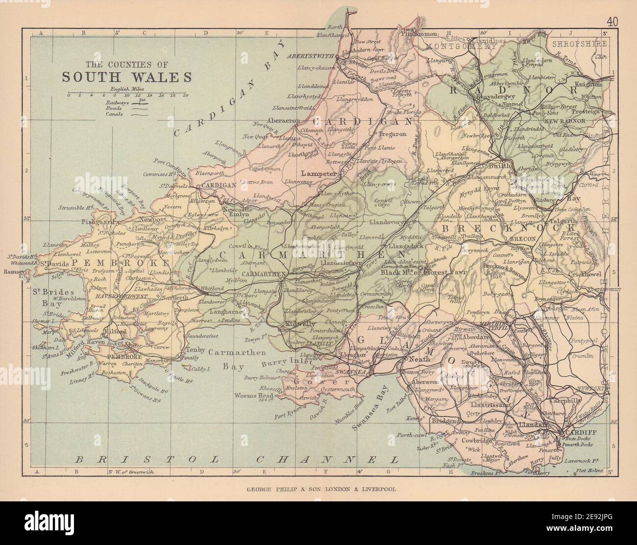 SOUTH WALES Antique Map Counties Railways Roads Canals PHILIP 1885 south-wales-antique-map-counties-railways-roads-canals-philip-1885