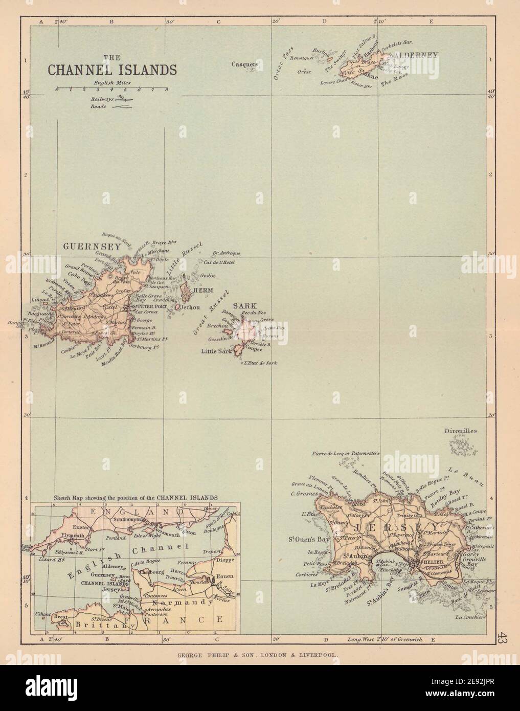 CHANNEL ISLANDS. Antique map. Jersey Guernsey Sark Alderney. PHILIP