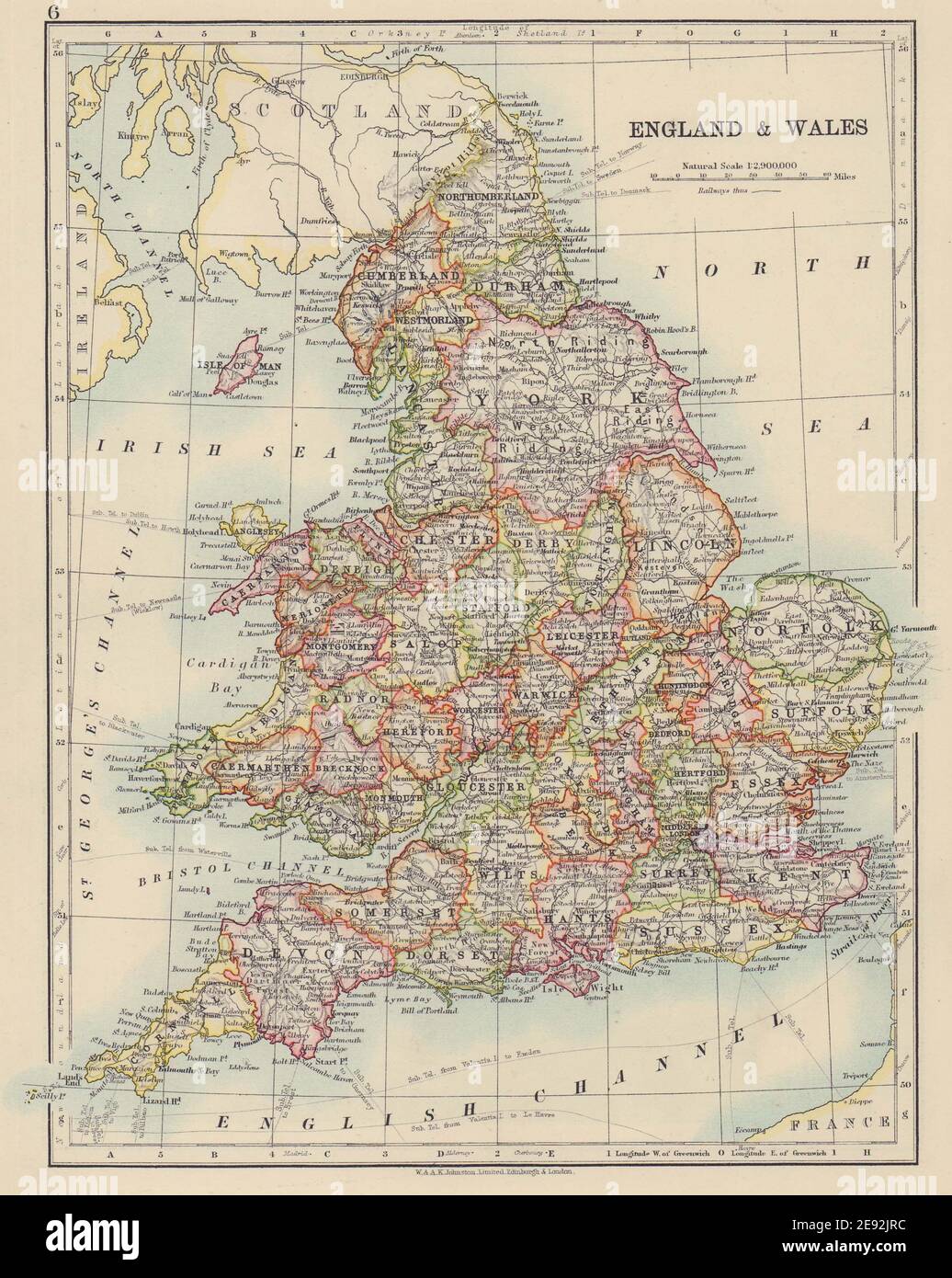 ENGLAND AND WALES. Counties. Westmorland. Telegraph cables. JOHNSTON 1910 map Stock Photo
