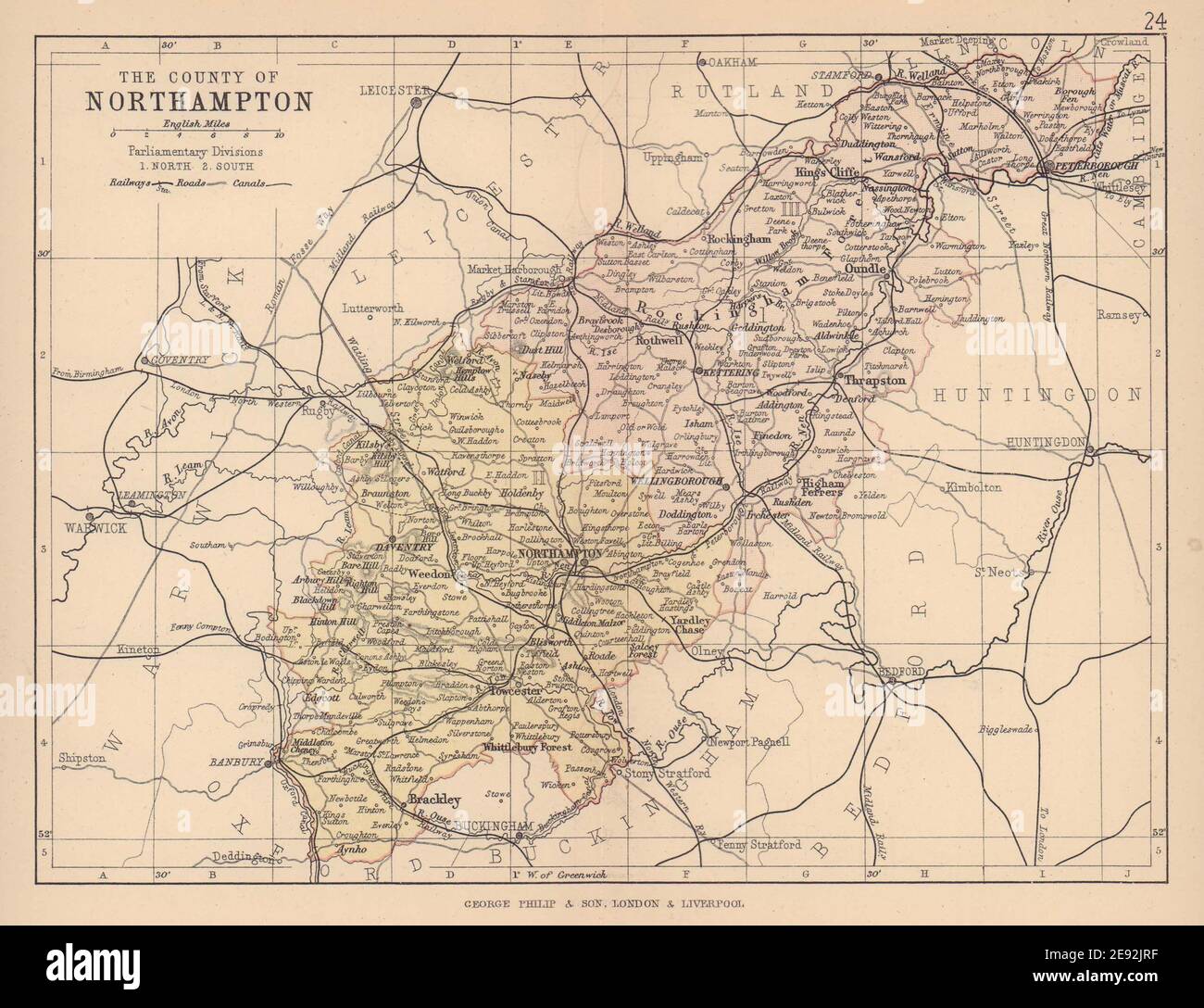 NORTHAMPTONSHIRE. County map. Railways canals. Constituencies. PHILIP 1885 Stock Photo