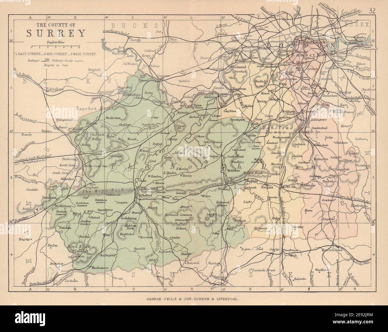 SURREY. Antique county map. Railways roads. Constituencies. London. PHILIP 1885 Stock Photo