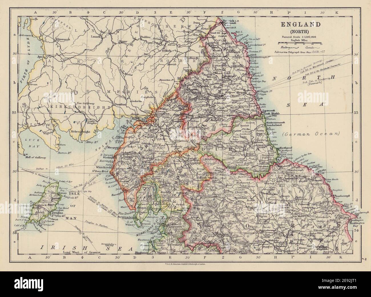 NORTHERN ENGLAND. Northumbs Durham Cumbs Westm N Yorks IOM. JOHNSTON 1910 map Stock Photo