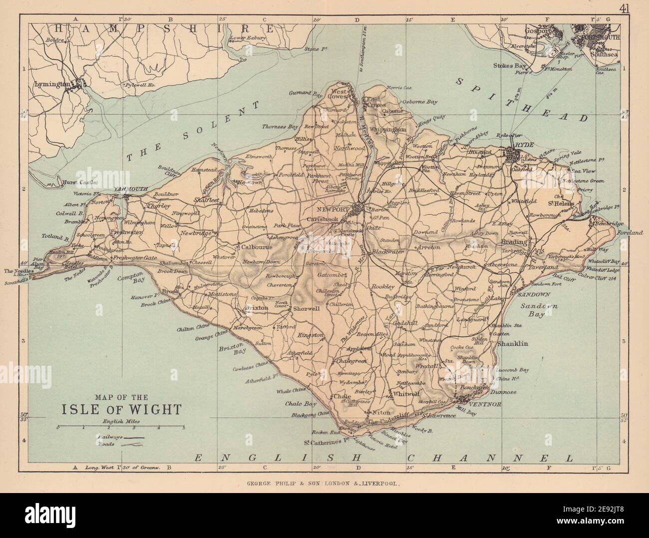 ISLE OF WIGHT. Antique map. Railways roads. Constituencies. PHILIP 1885