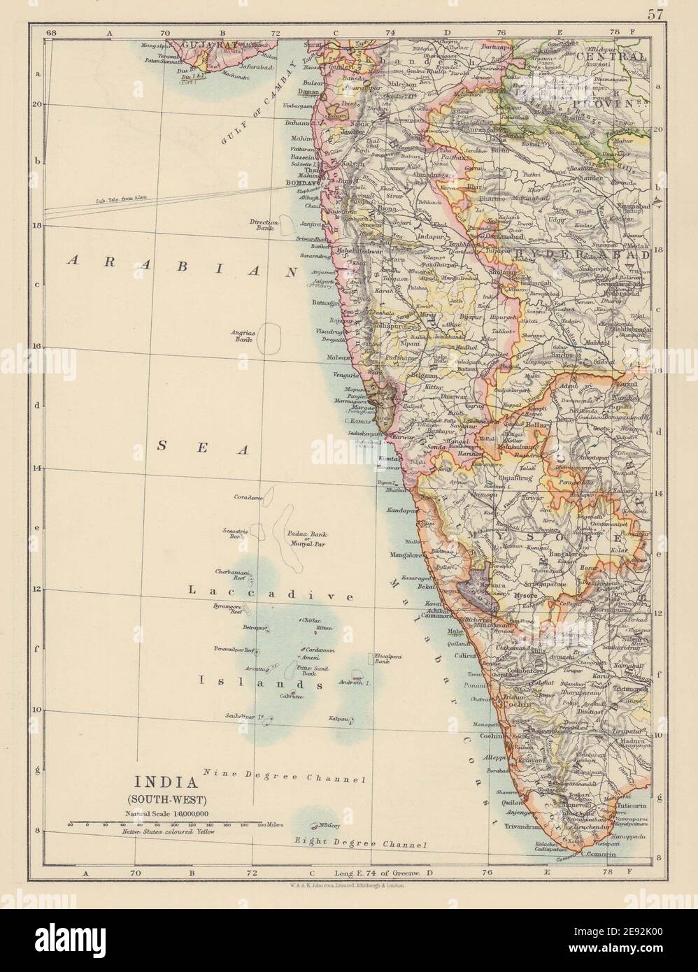 BRITISH INDIA SW. Bombay Mysore Malabar Coast Lakkadives. JOHNSTON 1910 map Stock Photo