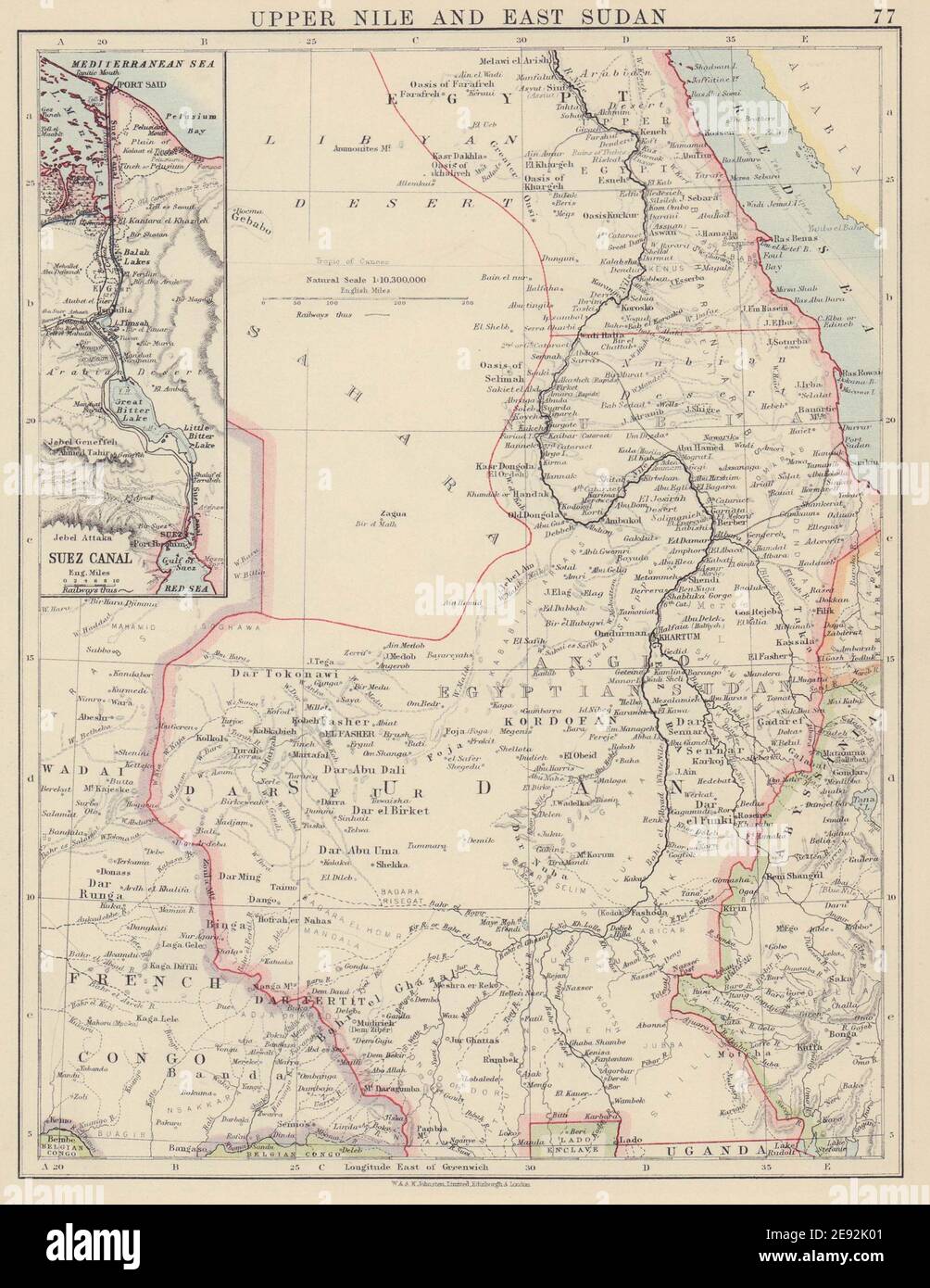 UPPER NILE, EAST SUDAN & SUEZ CANAL. Khartoum White/Blue Nile. JOHNSTON 1910 map Stock Photo