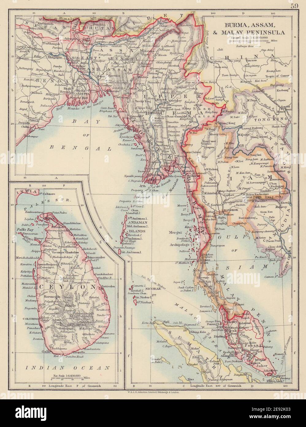 BURMA CEYLON SIAM MALAY PENINSULA. Assam Singapore Thailand JOHNSTON 1910 map Stock Photo