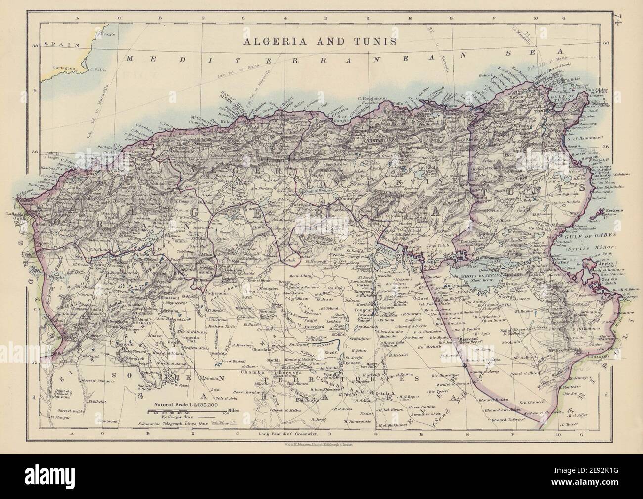 ALGERIA & TUNIS. Maghreb Tunisia. Provinces. Telegraph cables. JOHNSTON 1910 map Stock Photo