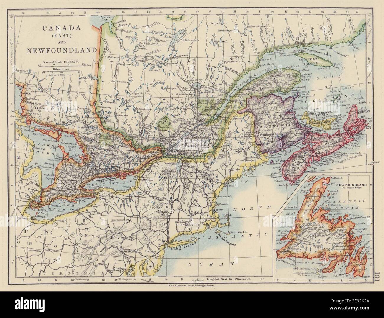 EASTERN CANADA. Ontario Quebec Maritime Provinces NB PE NS. JOHNSTON 1910 map Stock Photo