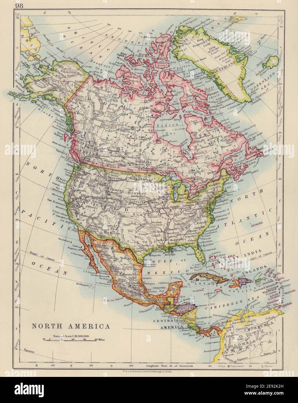 NORTH AMERICA POLITICAL. Greenland USA Canada Mexico. JOHNSTON 1910 old map Stock Photo