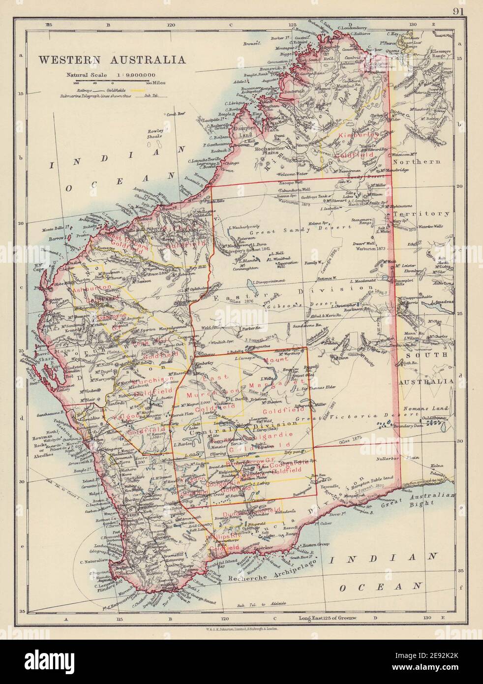 WEST AUSTRALIA. Goldfields Explorers route Giles Forrest Warburton 1910 map Stock Photo
