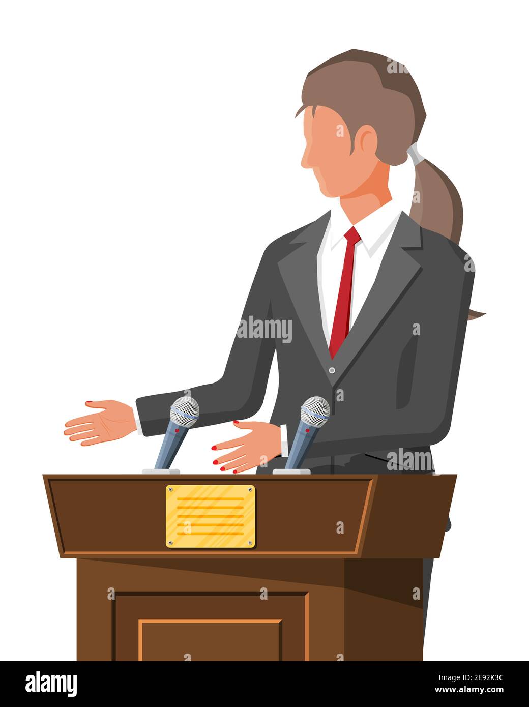 Orator speaking from tribune. Public speaker. Wooden rostrum with