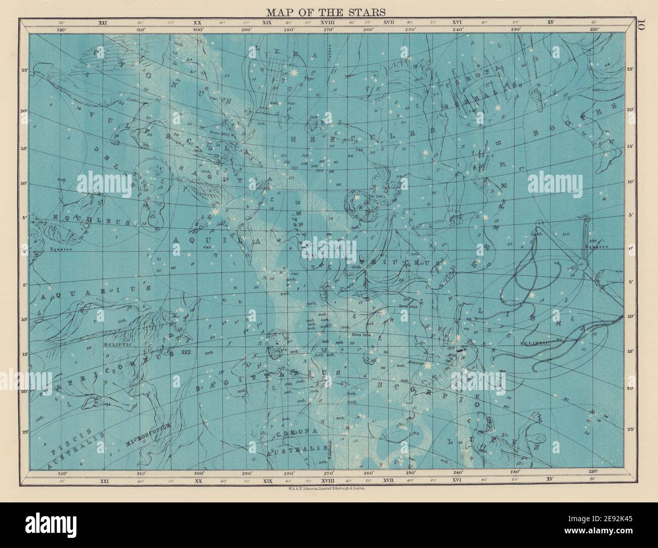 ASTRONOMY. Star map. Sagittarius Hercules Aquila Scorpio Hercules. JOHNSTON 1901 Stock Photo