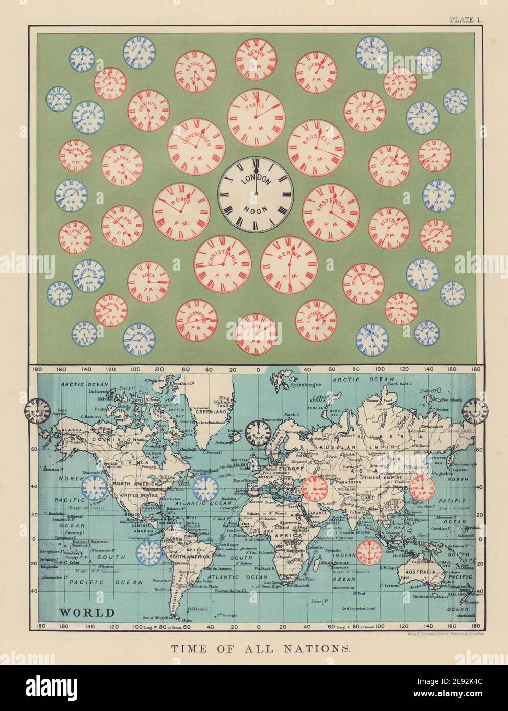 TIME OF ALL NATIONS. predates UTC/standard hourly time zones. JOHNSTON 1901 map Stock Photo