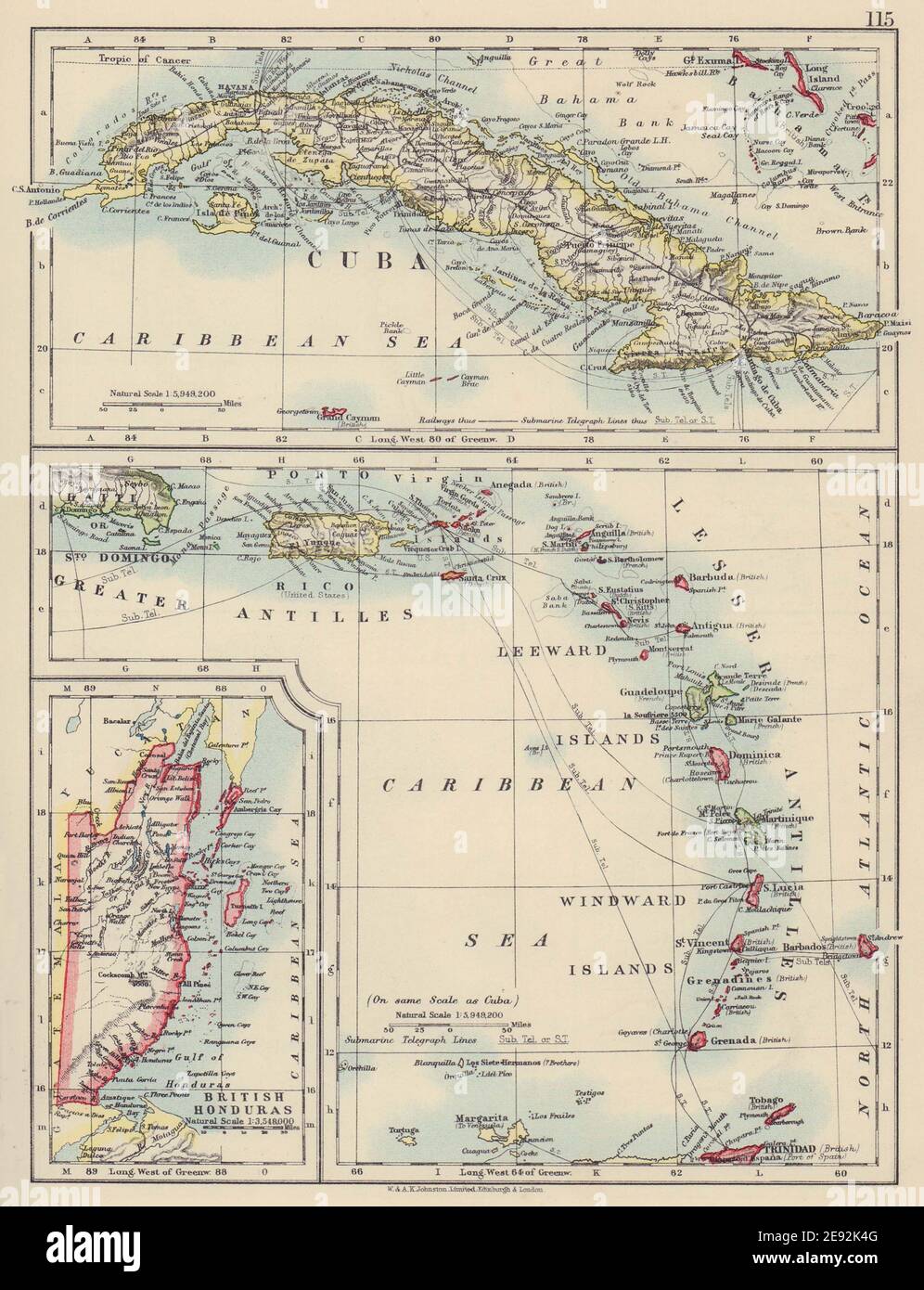 CARIBBEAN ISLANDS. Cuba British Honduras Windward/Leeward. JOHNSTON 1910 map Stock Photo