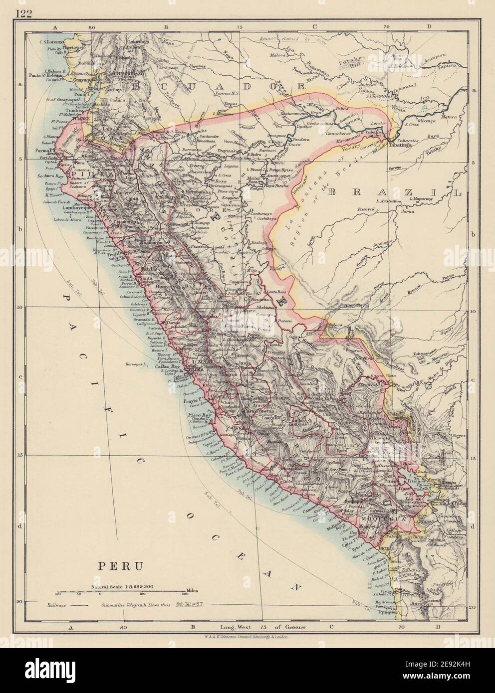 PERU. Border as before Peru-Ecuador war (1941). JOHNSTON 1910 old antique map Stock Photo