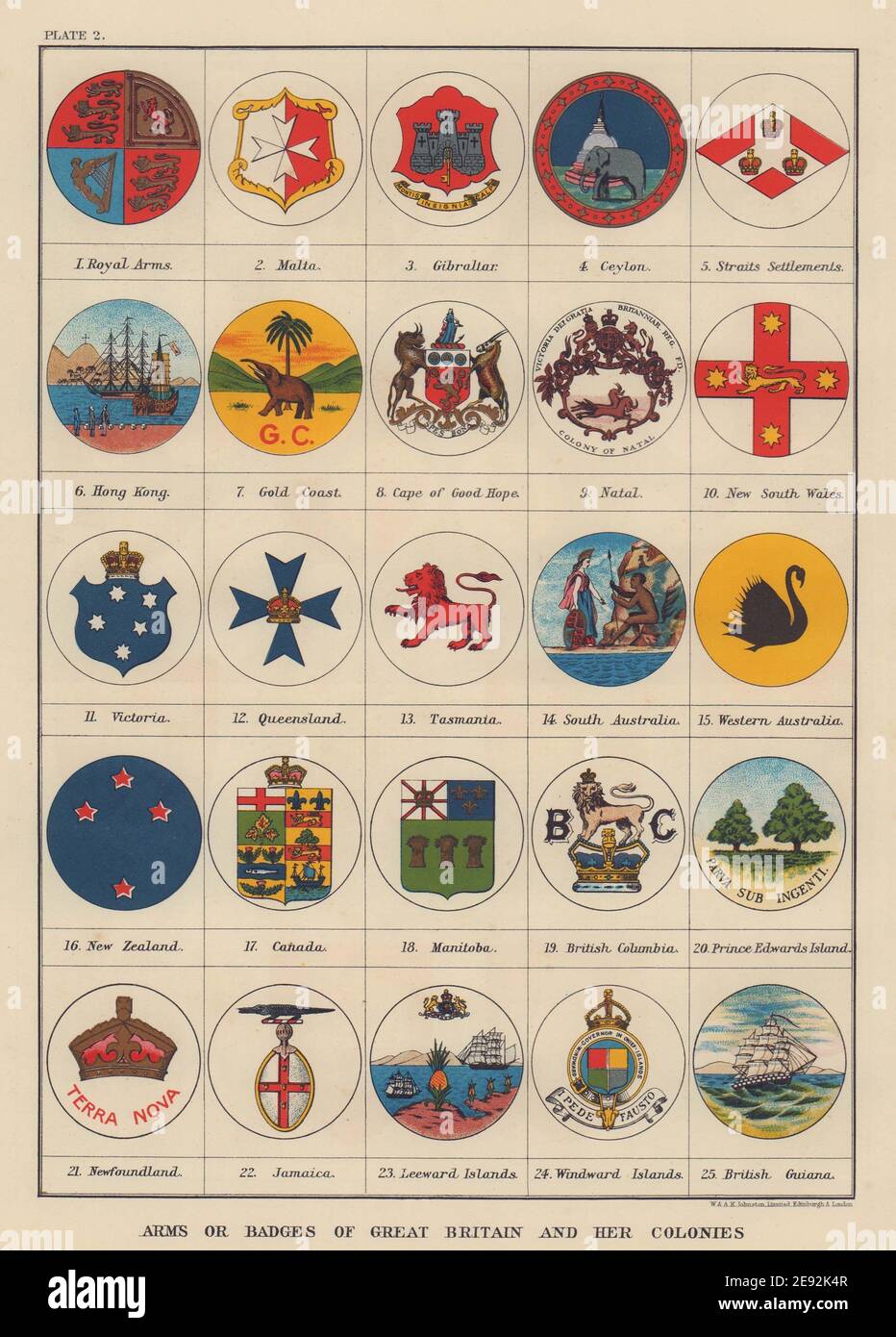 BRITISH EMPIRE COATS OF ARMS. Malta Australia HK Canada Singapore 1901 old map Stock Photo