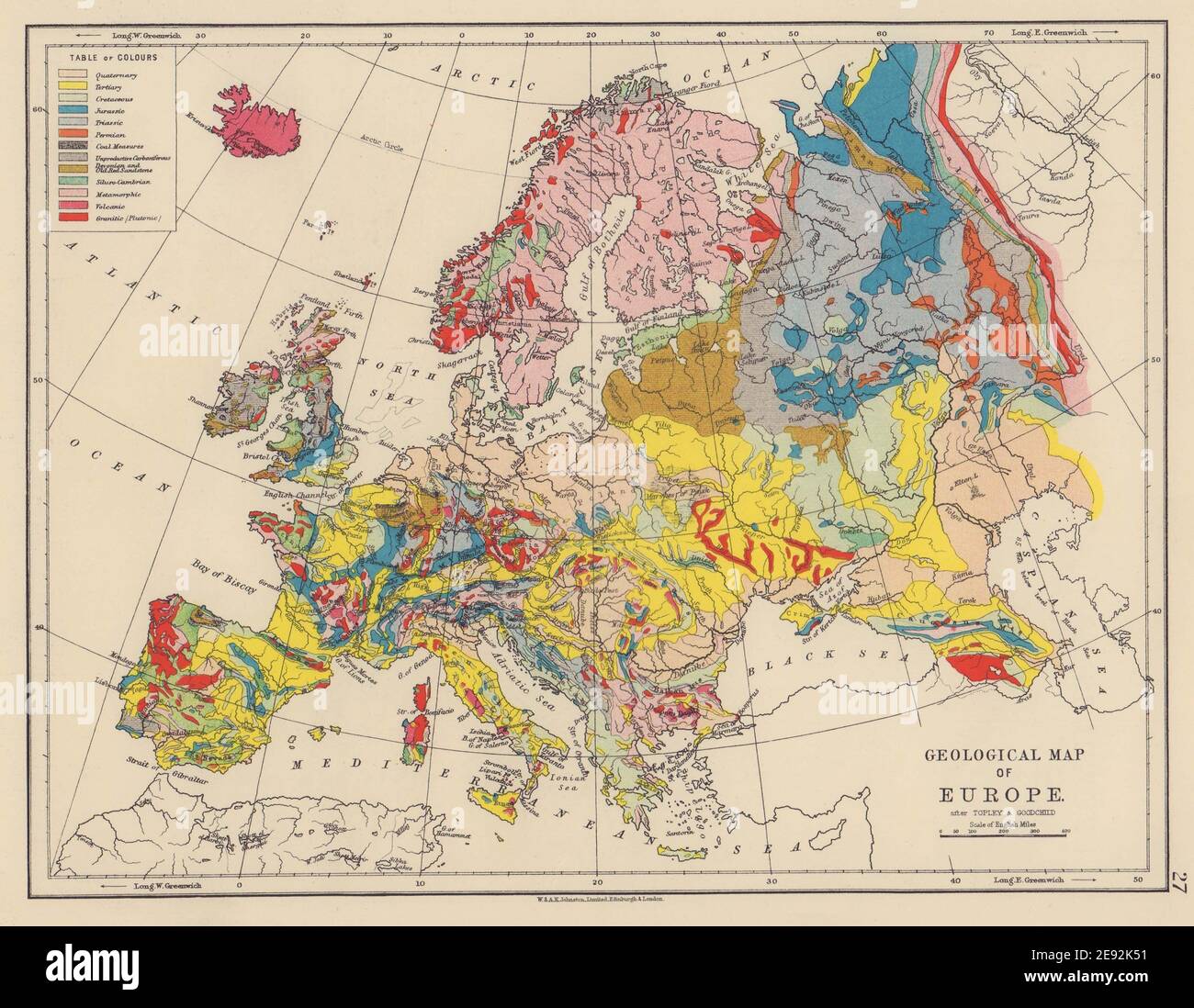 EUROPE GEOLOGICAL. Quaternary Tertiary Cretaceous Jurassic &c JOHNSTON 1901 map Stock Photo